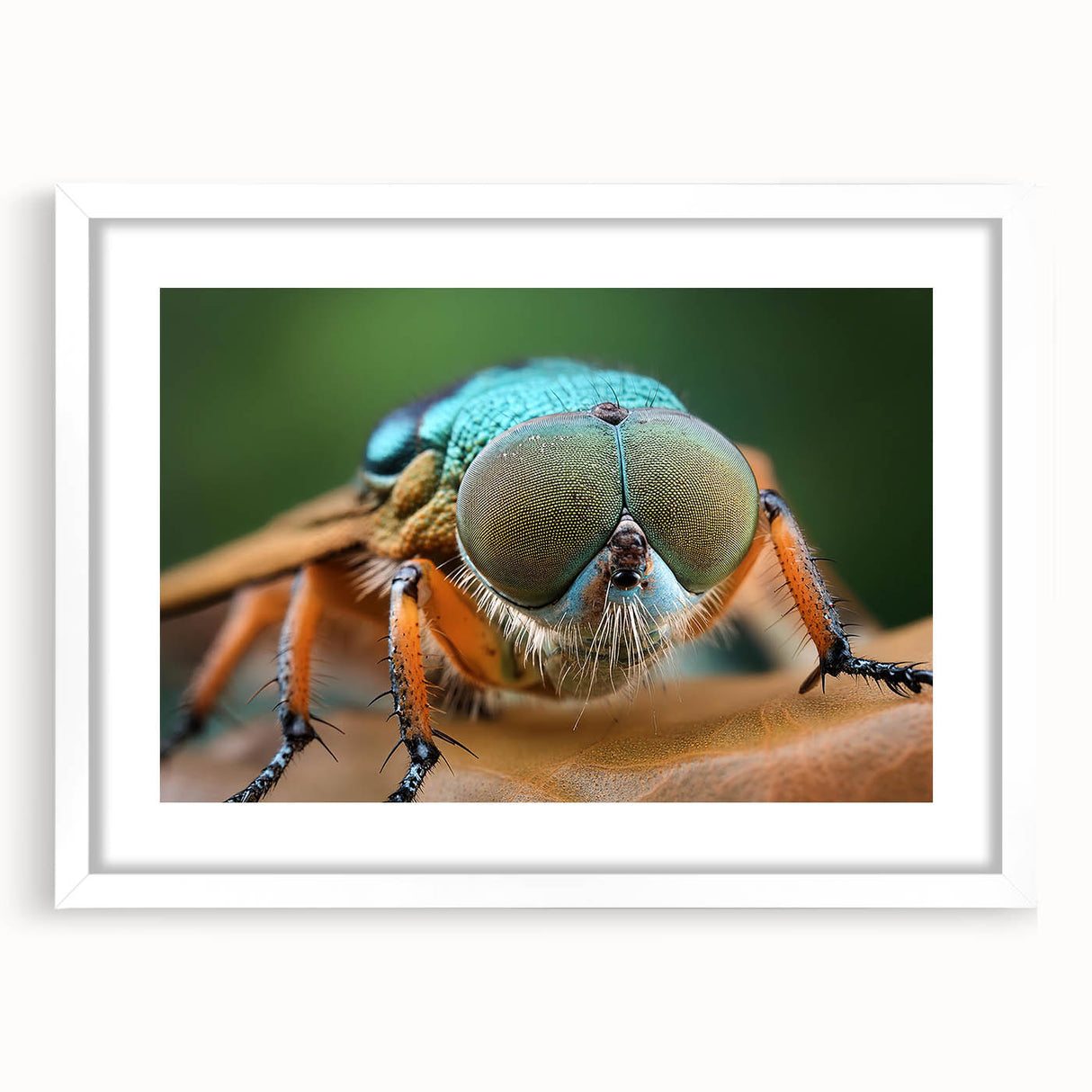 Abstract art print of a bird in flight, using muted blue and gray tones on a white framed canvas.