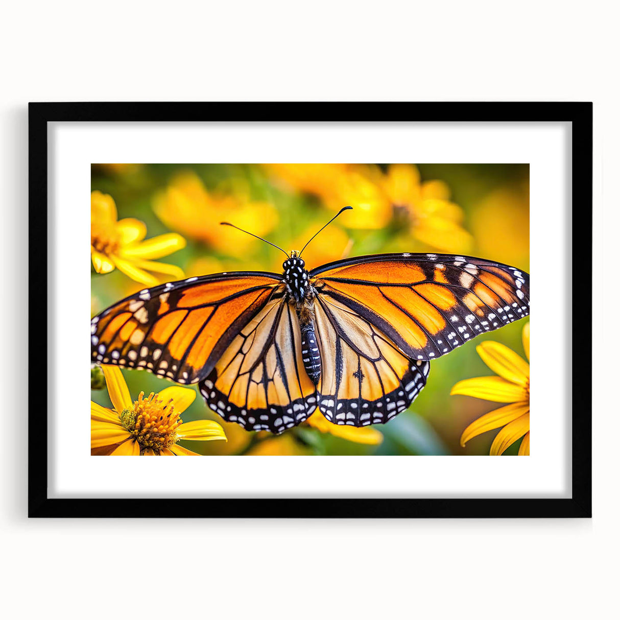Extra large abstract art print featuring a colorful, textured depiction of birds, framed in black.