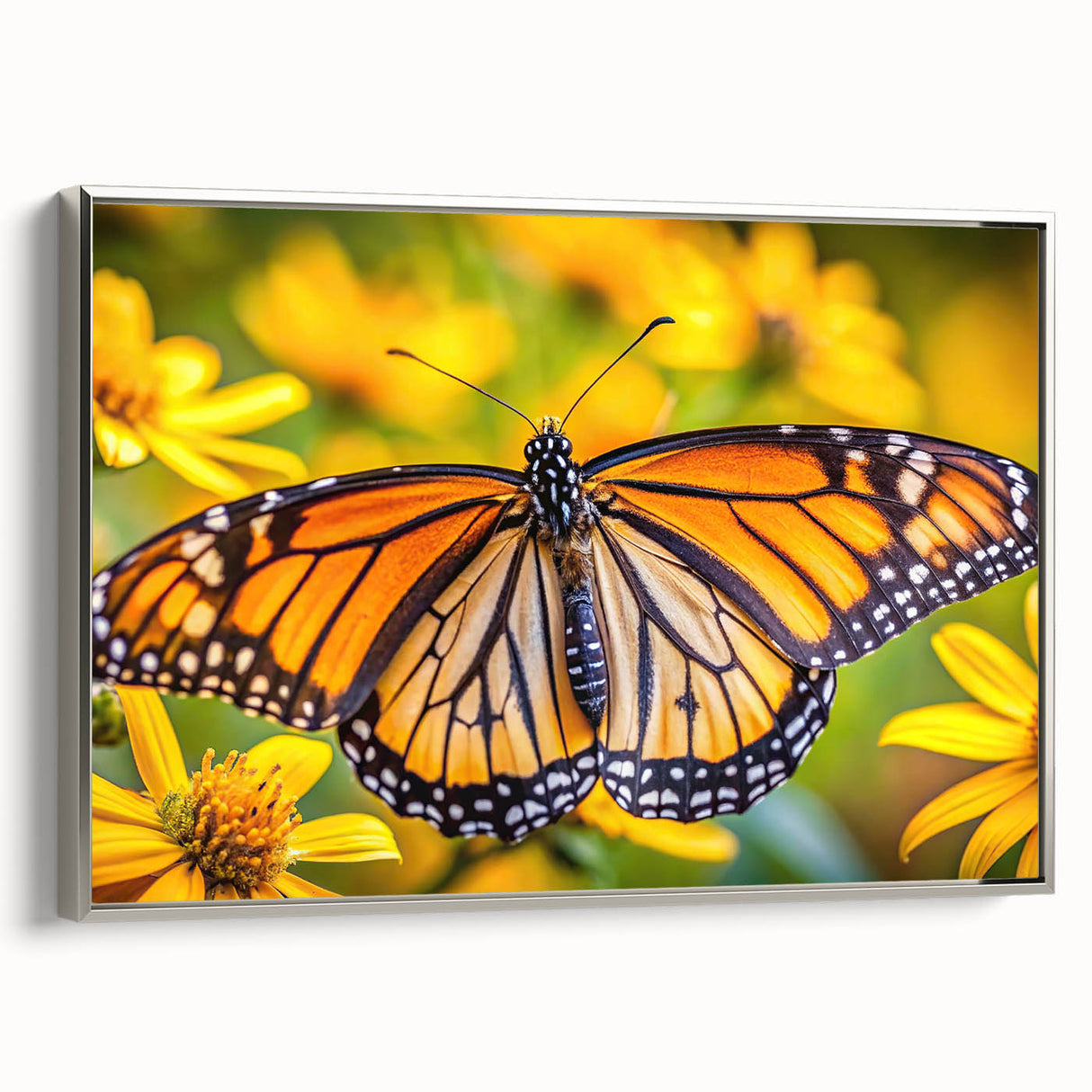 Framed canvas featuring a landscape painting of colorful birds in a vintage poster style.