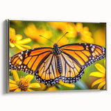 Framed canvas featuring a landscape painting of colorful birds in a vintage poster style.