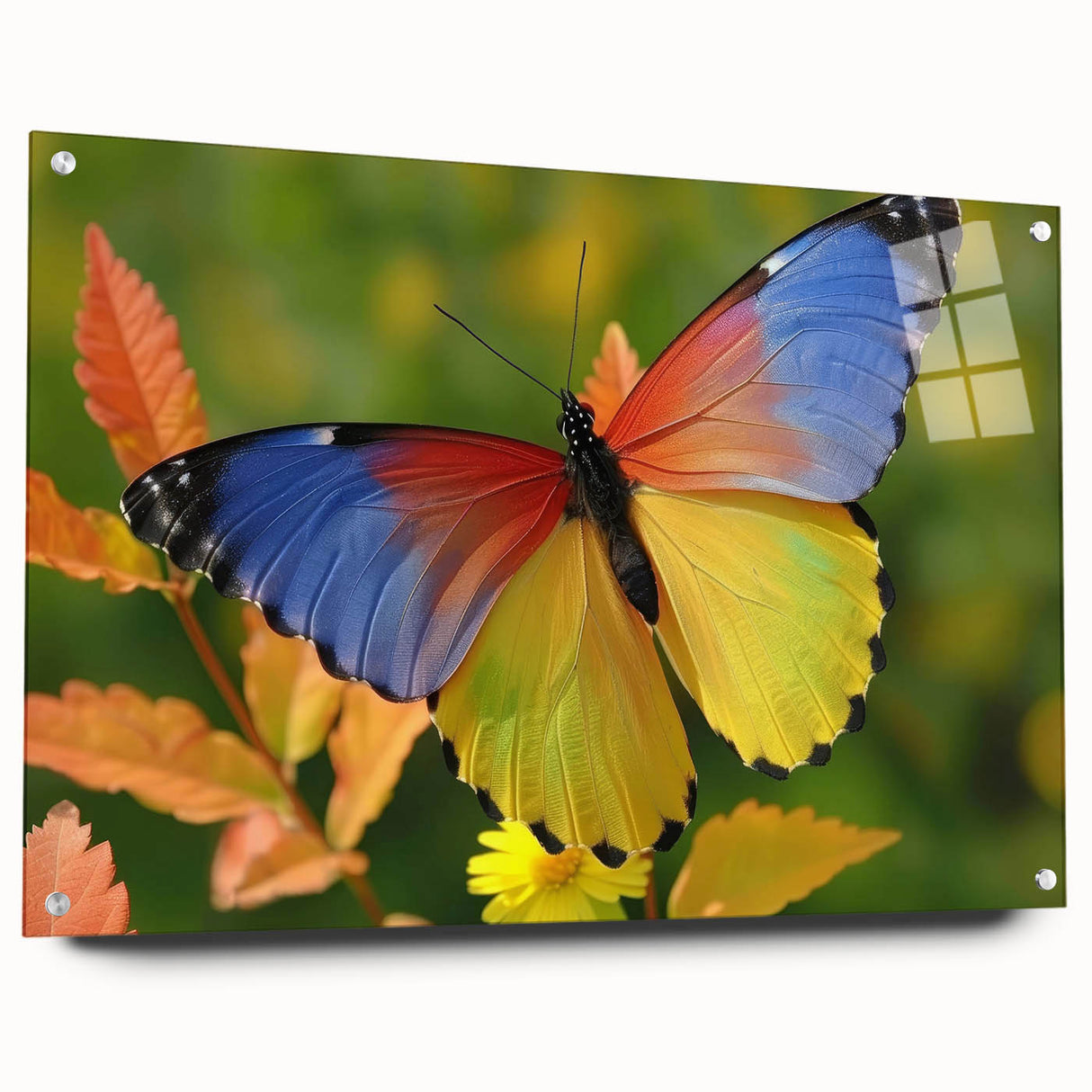 Large abstract wall art depicting a colorful bird, in vibrant hues of blue and green on acrylic glass.