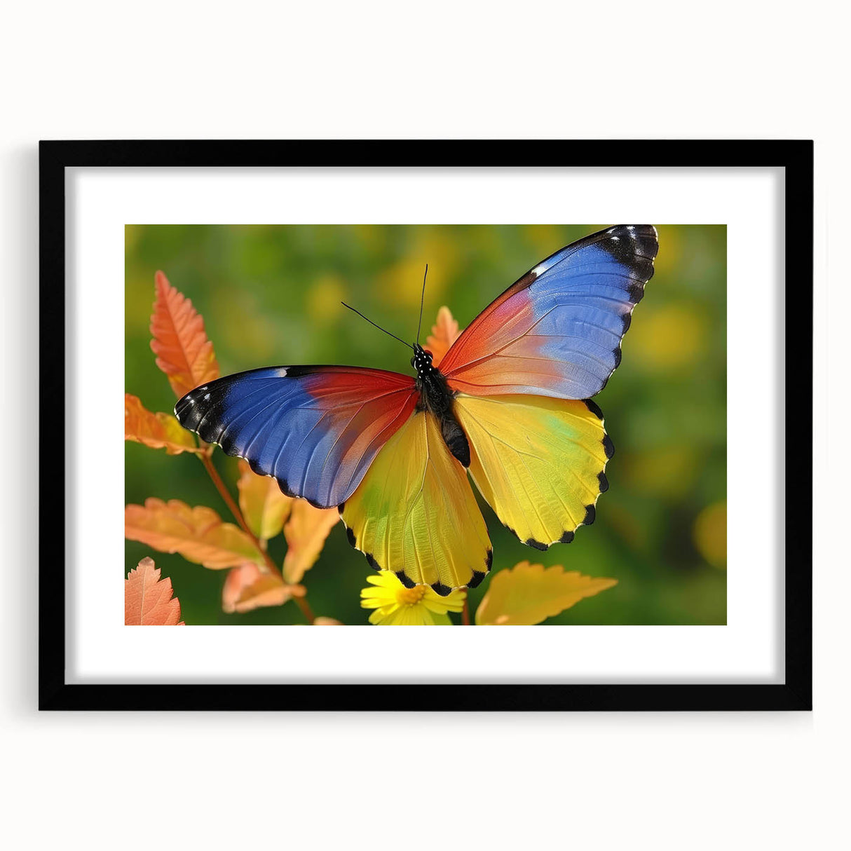 Extra large abstract art print of colorful, textured birds, framed in black, ideal for living room decor.