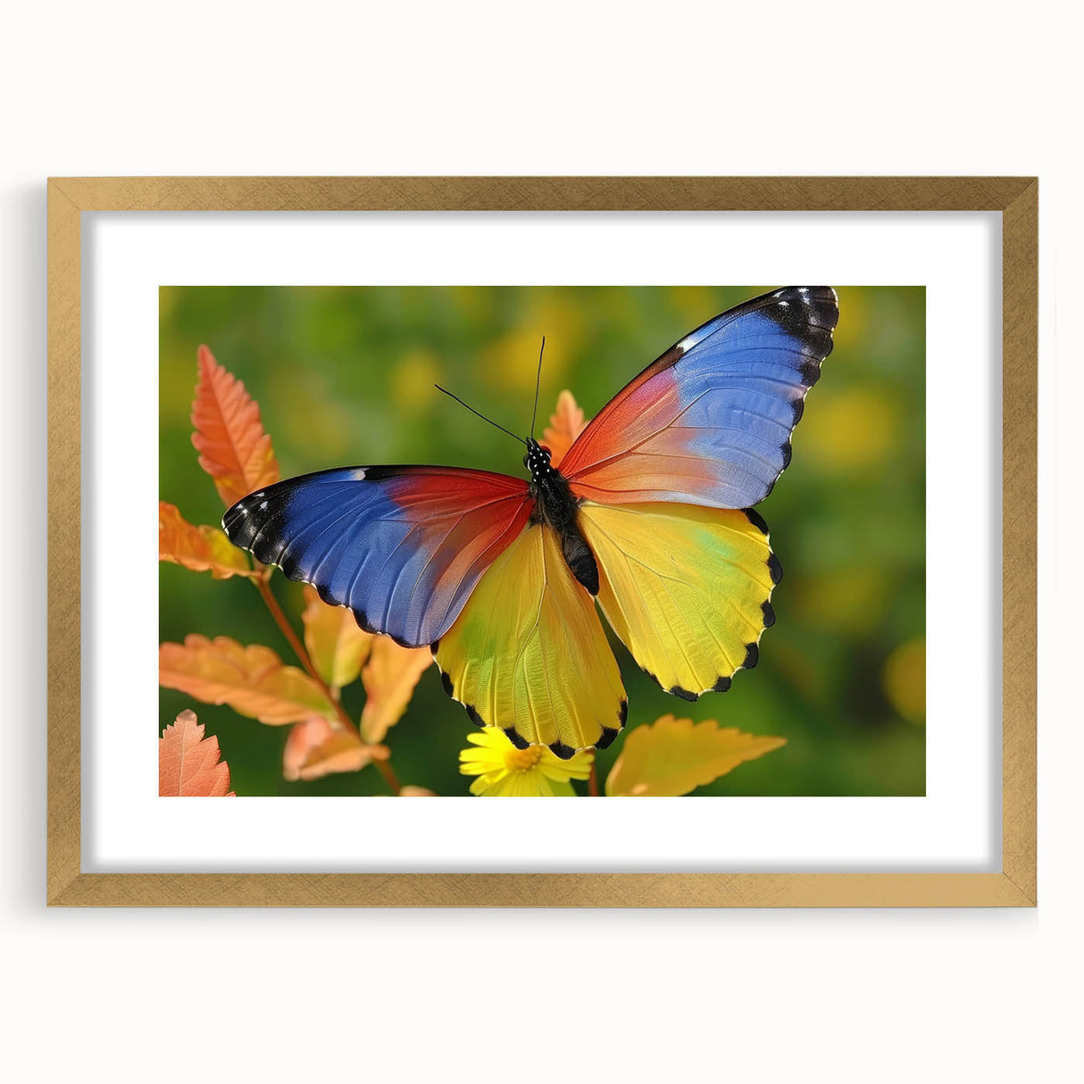 Extra large abstract art print of birds in flight, using textured strokes and gold frame, ideal for living room decor.