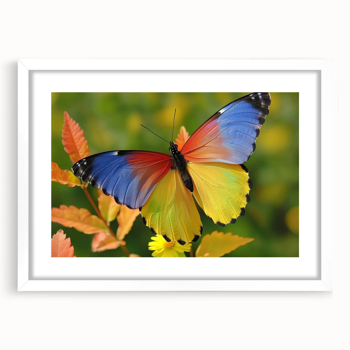 Abstract art print of a bird in pastel shades, white framed with mat, ideal for bedroom or dining room decor.