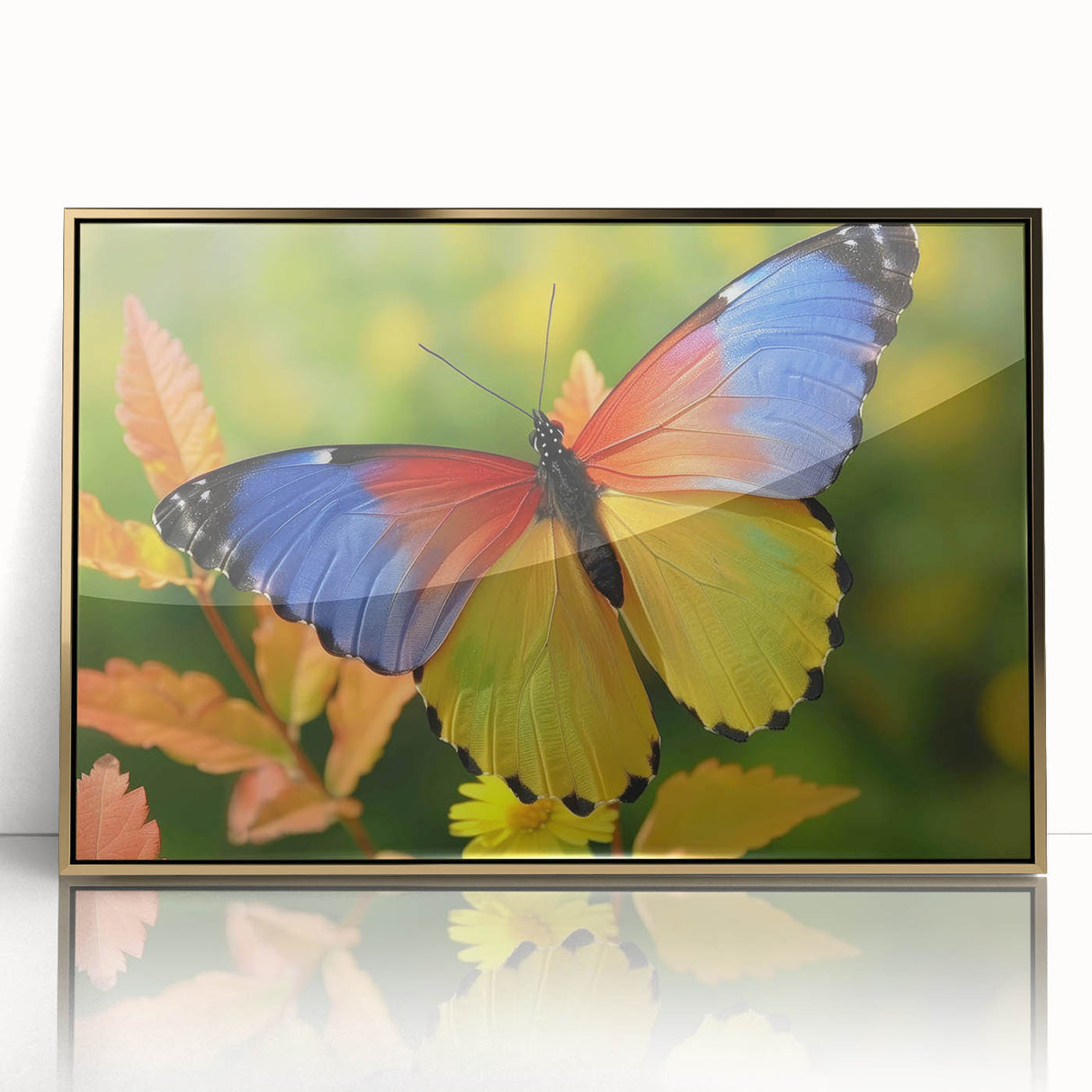 Mid-century modernist art featuring a close-up of a bird in muted earth tones, framed in gold acrylic.