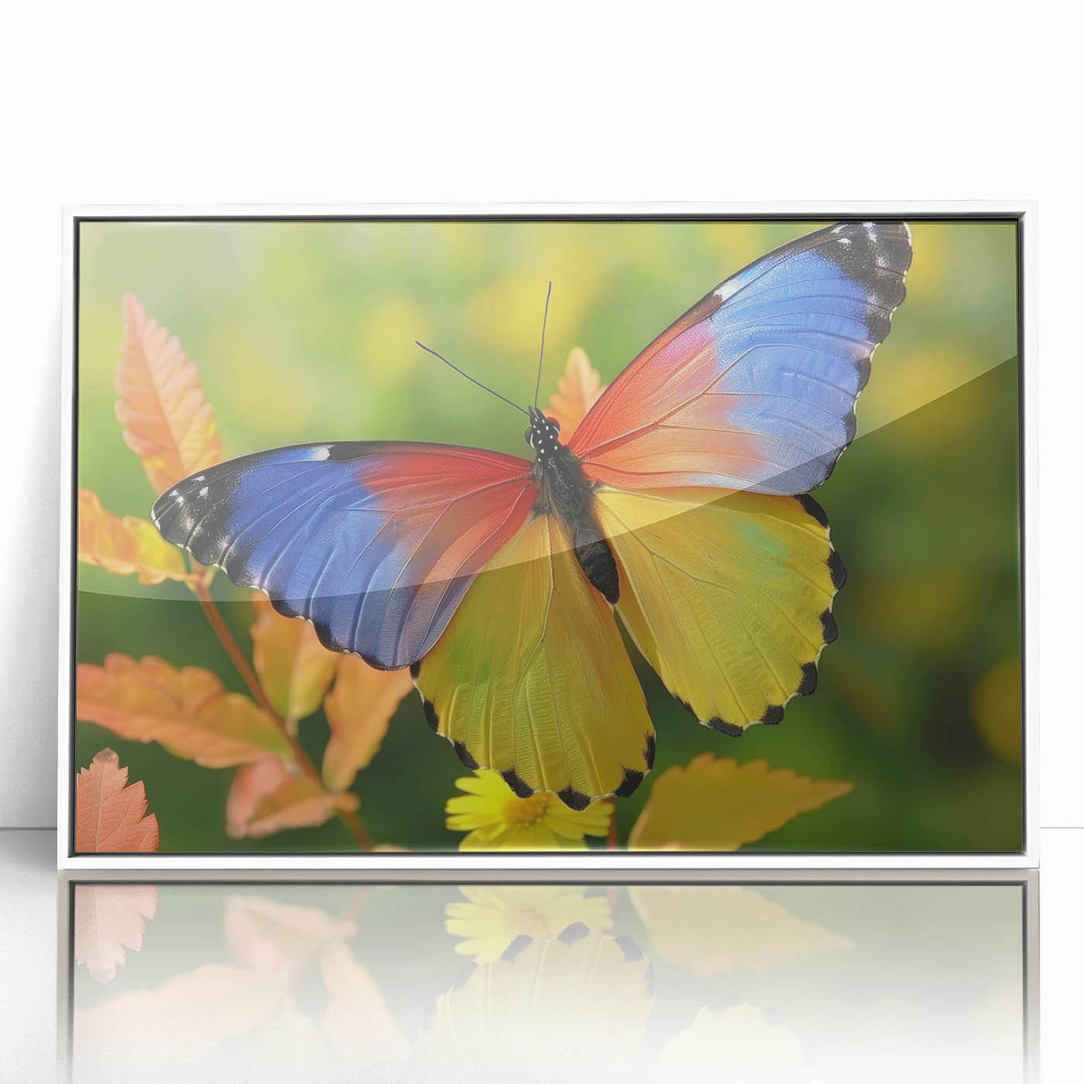 Art deco poster of colorful birds in flight, acrylic print on white frame, ideal for modern nursery wall art.