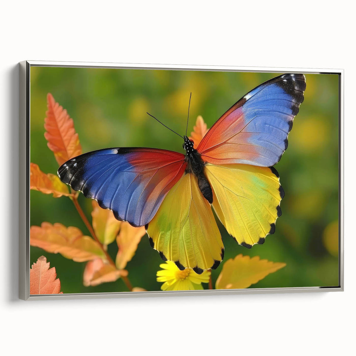 Framed canvas depicting a vintage landscape art painting with colorful birds, set against a black background.