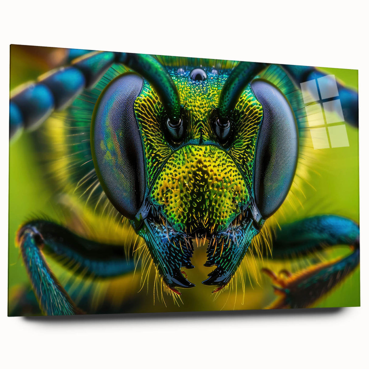 Large abstract wall art featuring a close-up of birds in vibrant blues and greens on acrylic glass.