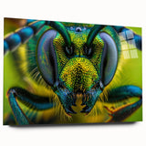 Large abstract wall art featuring a close-up of birds in vibrant blues and greens on acrylic glass.