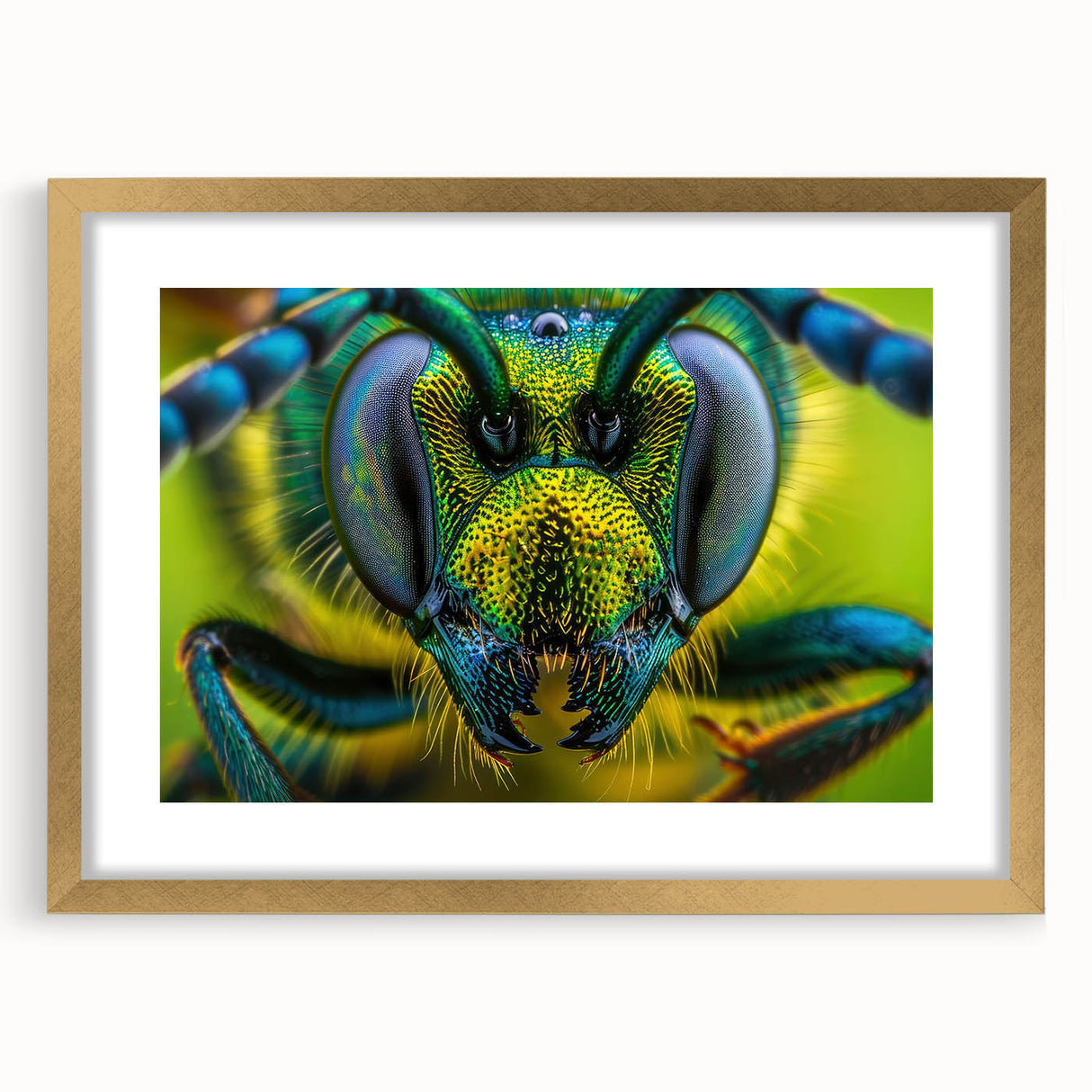 Extra large abstract art print of birds in vibrant hues on a gold-framed canvas, ideal for living room decor.