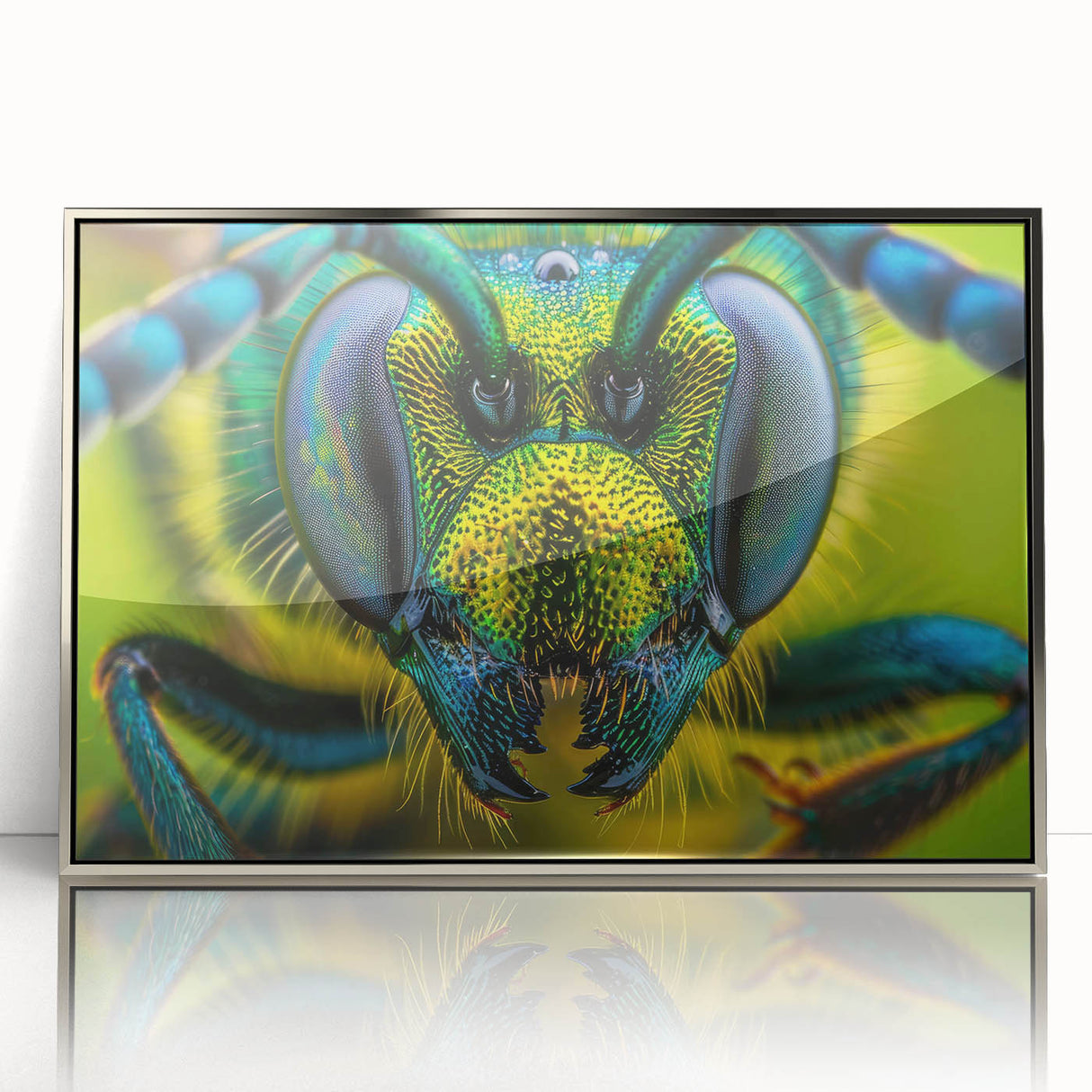 Mid-century modernist art featuring a close-up of a bird in muted earth tones on a silver-framed acrylic print.