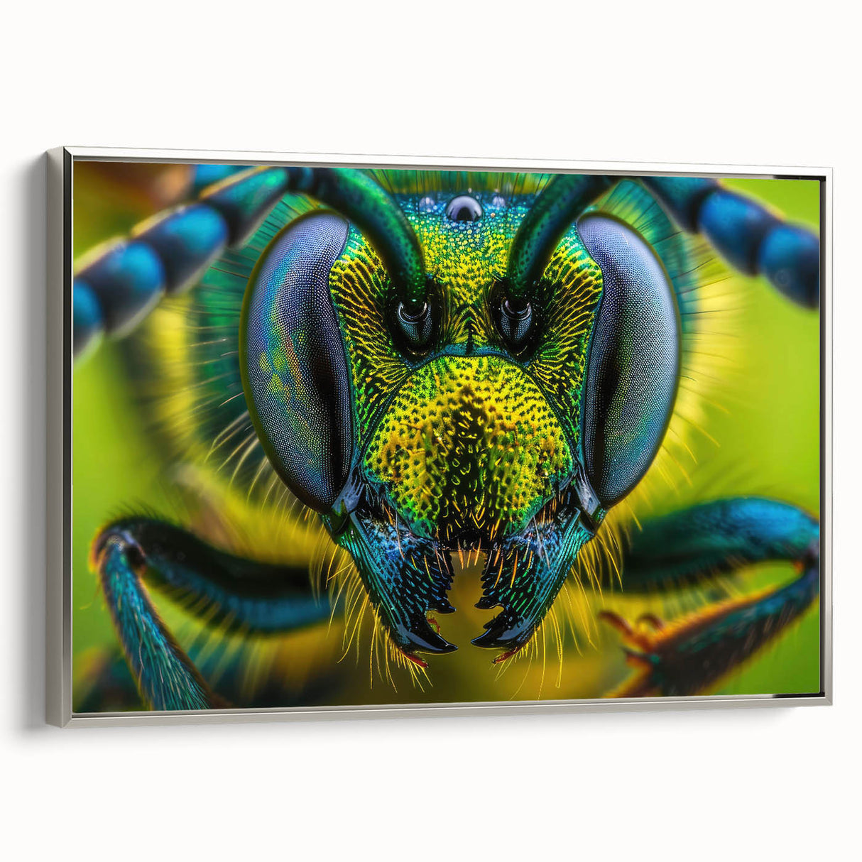 Framed canvas of a colorful landscape art painting featuring birds in flight against a black background.