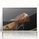 Art deco poster featuring a close-up of a bird, in muted blues and greys, framed acrylic, ideal for nursery wall art.