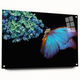 Close-up of a bird in vibrant blue and green tones on acrylic glass, suitable for bedroom or dining room decor.