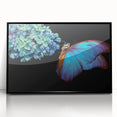 Large abstract wall art featuring a mid-century modernist bird design in vibrant colors on black acrylic.