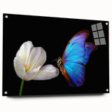 Large abstract wall art of birds in flight, rendered in vibrant blues and greens on acrylic glass.