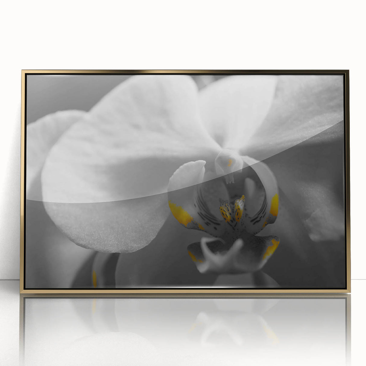 Large art print of a mid-century modernist floral design in muted gold tones on acrylic, ideal for nursery wall decor.