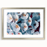 Textured art print of abstract florals in soft pink and white hues, framed in silver, ideal for bedroom wall decor.