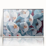 Art deco floral poster in pastel shades on white acrylic frame, ideal for modern nursery wall decor.