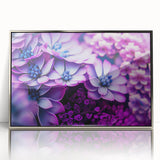 Mid-century modernist art depicting close-up floral designs in muted pastel shades, framed in silver acrylic.