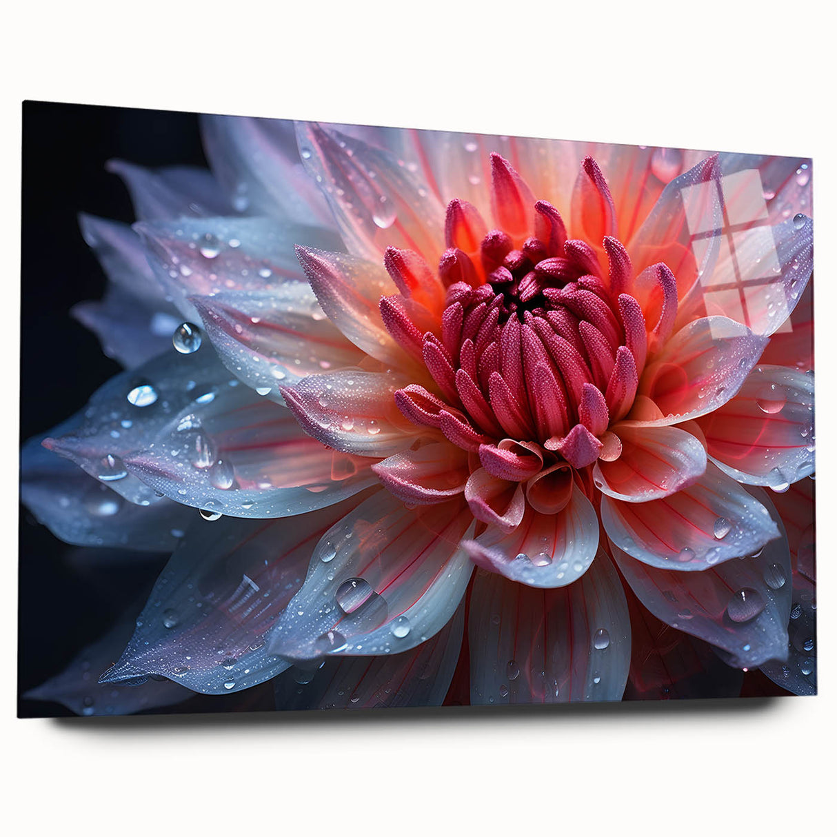 Acrylic glass print of large abstract floral design in soft pastel colors, suitable for bedroom or dining room decor.