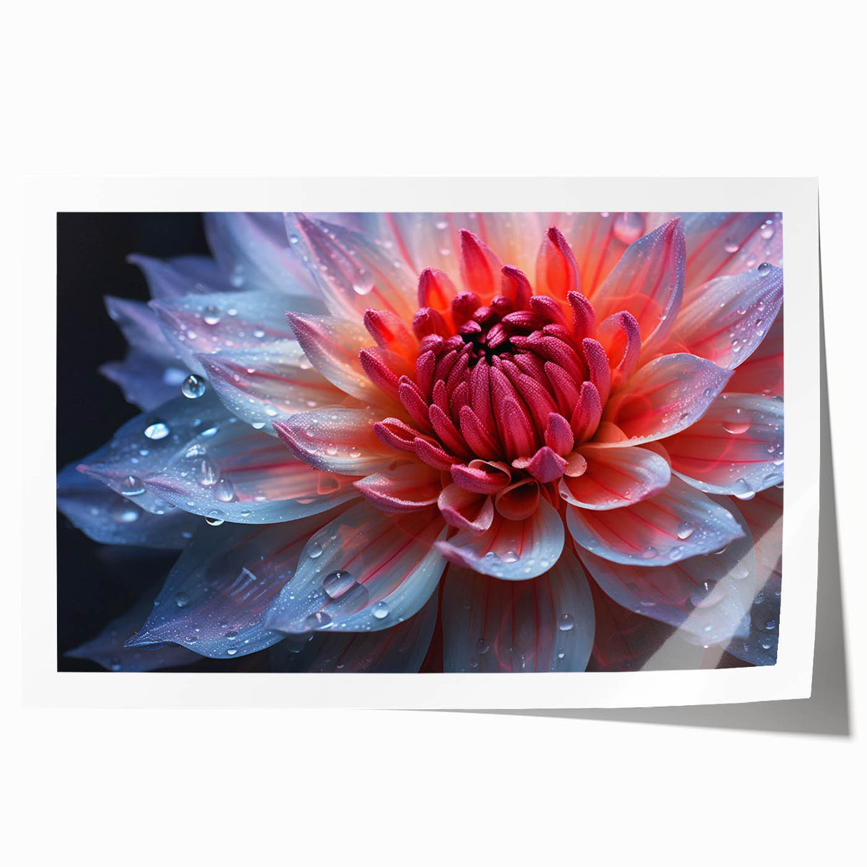 Close-up floral art on rolled canvas featuring soft pink and white blooms, suitable for dining room or bathroom decor.