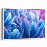 Vintage poster art of colorful florals on a black background, in a white framed canvas, ideal for living room decor.