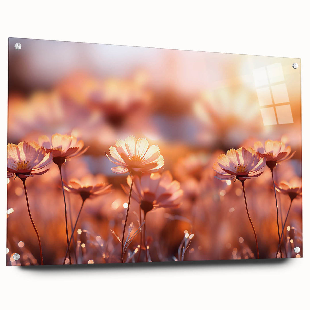 Close-up of large abstract floral design in vibrant colors on acrylic glass, ideal for bedroom or dining room decor.