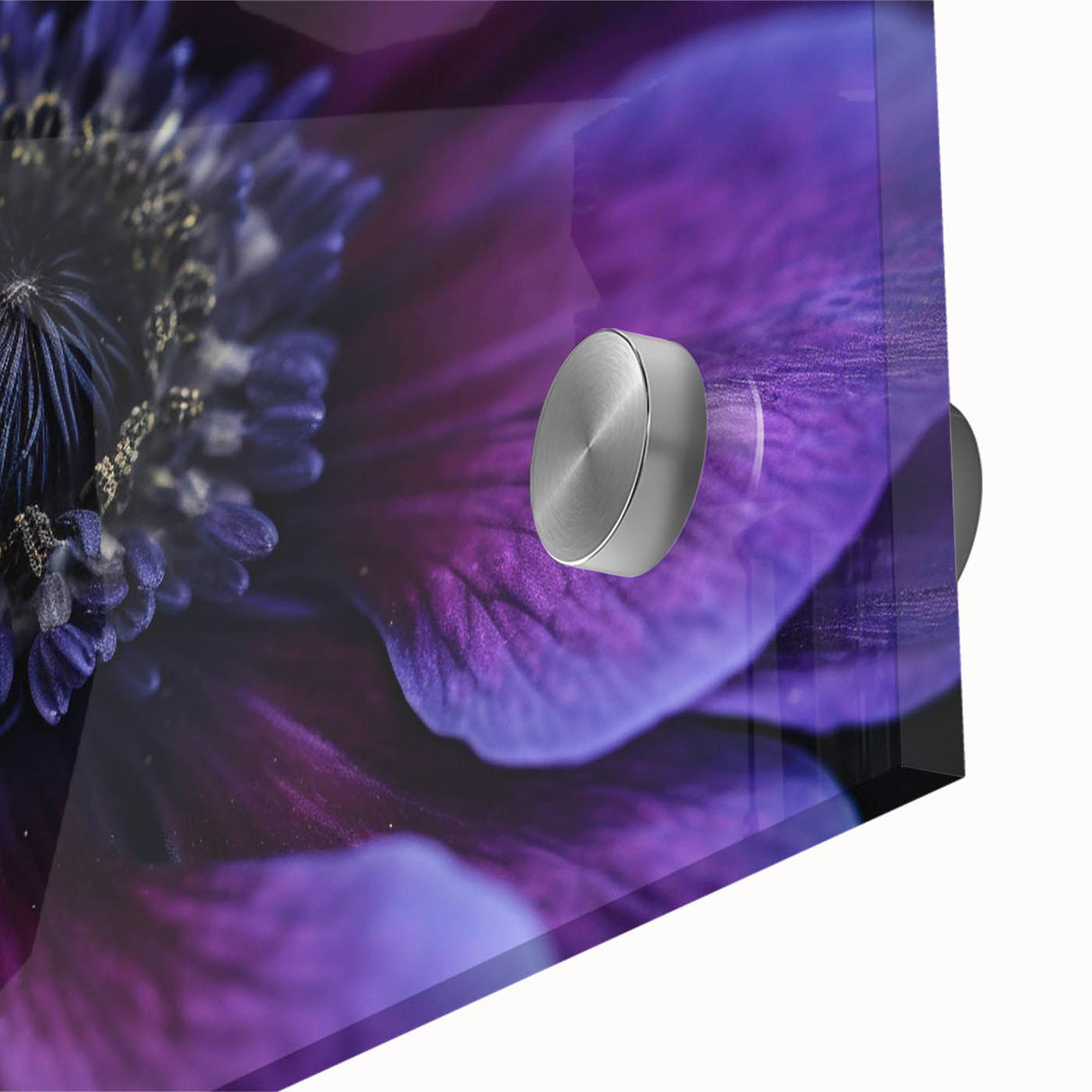 Large abstract floral print in vibrant colors on acrylic glass, ideal for dining room art in a mid-century modernist style.
