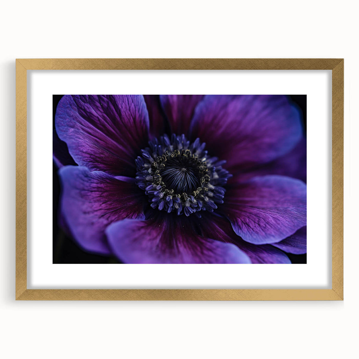 Extra large abstract art print of florals in textured style, with gold frame and mat, ideal for living room decor.