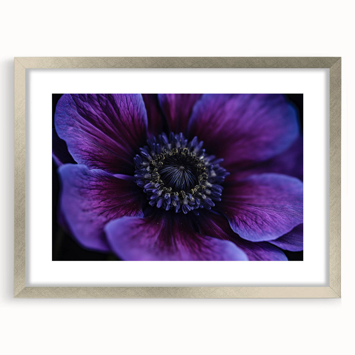 Textured abstract art print featuring close-up floral designs in soft pastel colors, framed in silver, ideal for bedroom art.