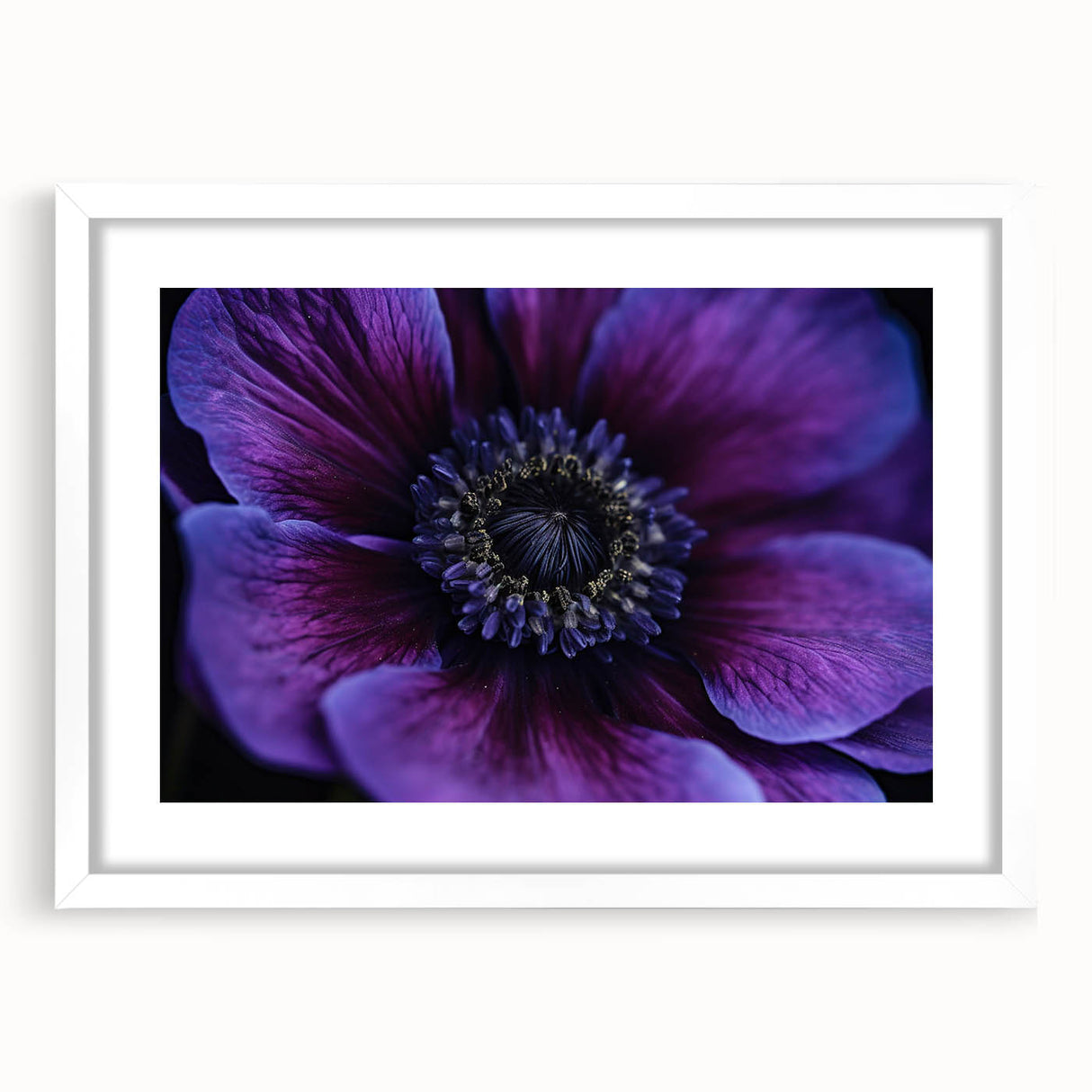 Abstract art print of vibrant floral patterns in a white frame, ideal for dining room or bedroom decor.