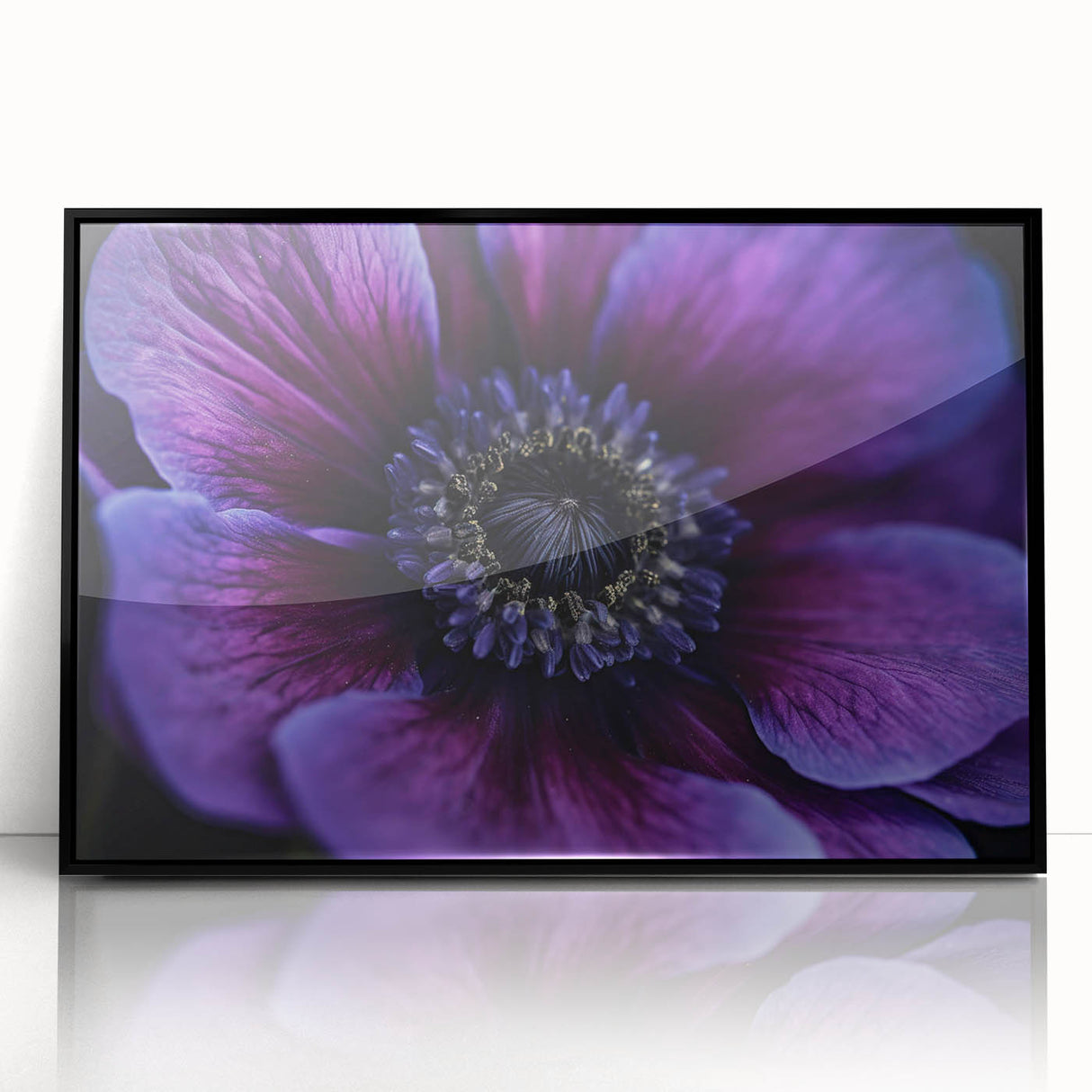 Large abstract wall art depicting vibrant floral designs in a mid-century modernist style, framed in black acrylic.