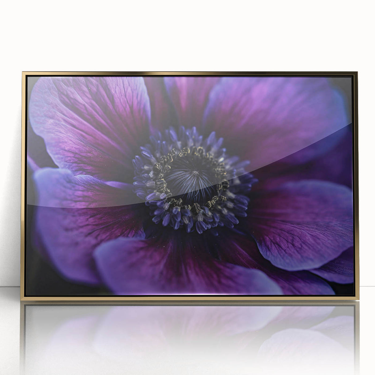 Close-up floral image in soft pastel shades on a large acrylic print, framed in gold, suited for modern nursery wall art.
