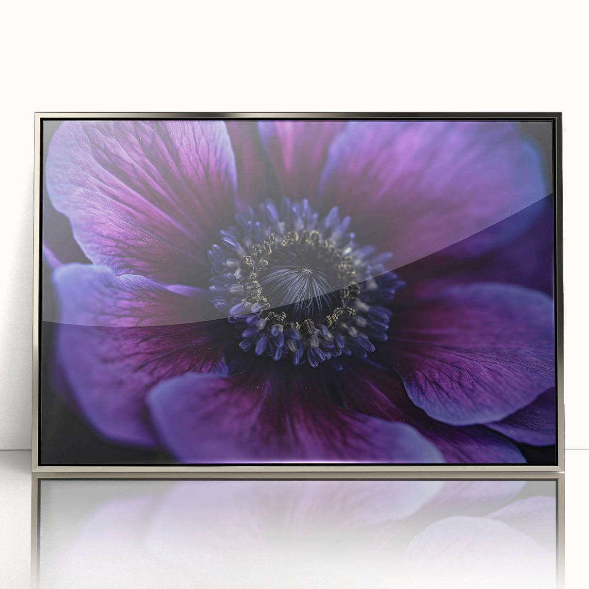 Mid-century modernist art depicting vibrant floral close-ups in a silver-framed acrylic, ideal for nursery wall art.