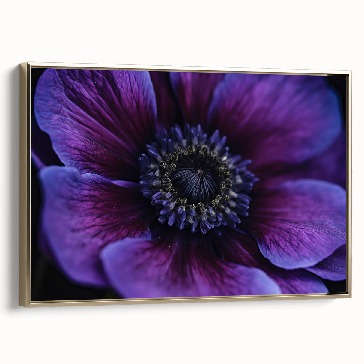 Framed canvas wall art featuring a close-up of a floral design in gold and black, ideal for bedroom decor.
