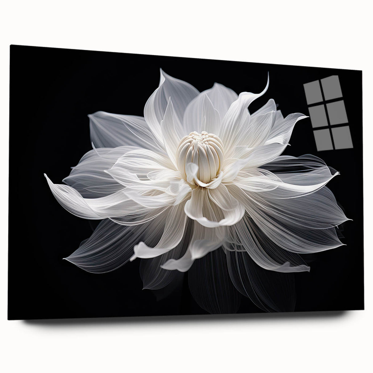 Large abstract floral design in vibrant hues on acrylic glass, ideal for bedroom or dining room decor.