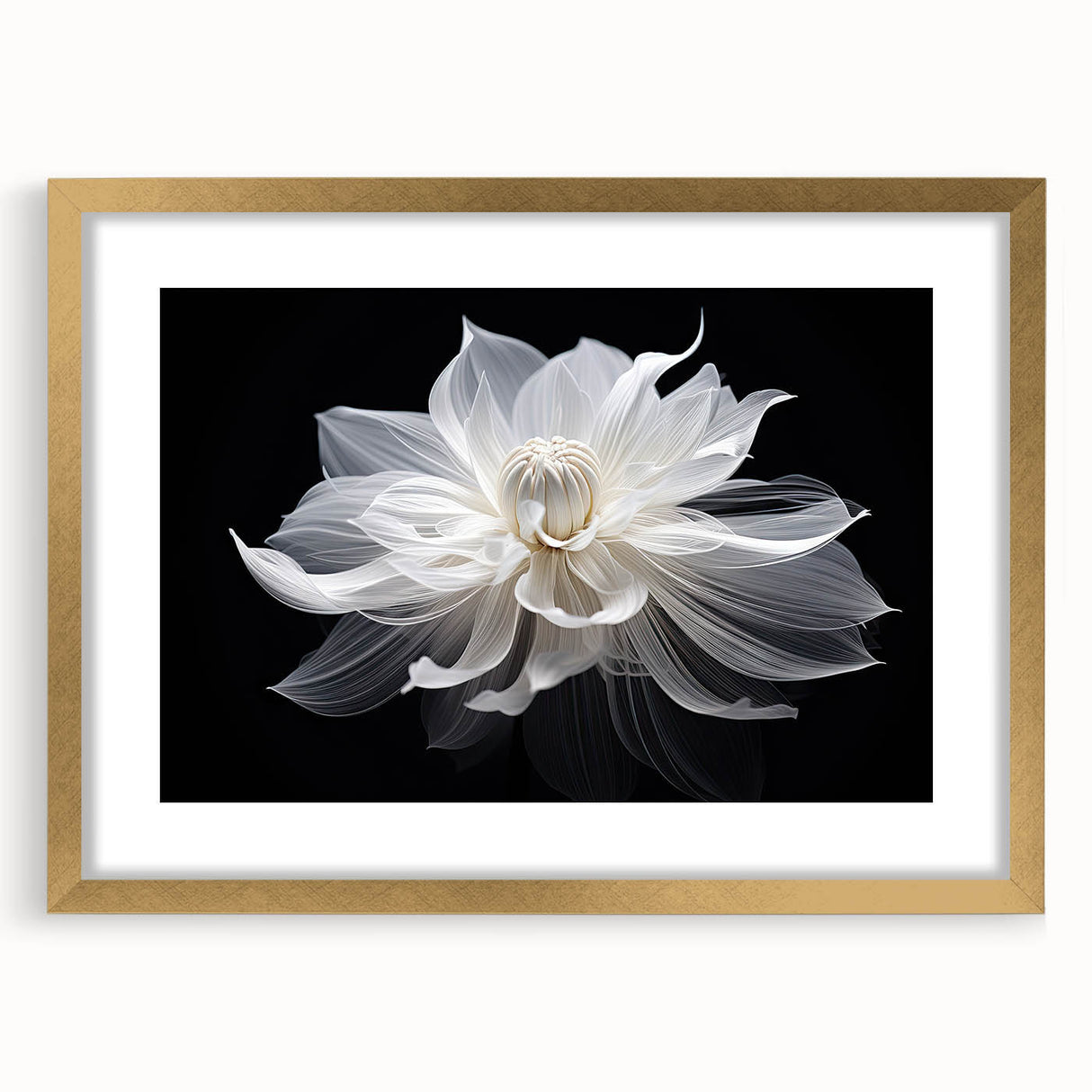 Extra large abstract art print featuring textured florals in vibrant gold and white, framed with a gold mat.