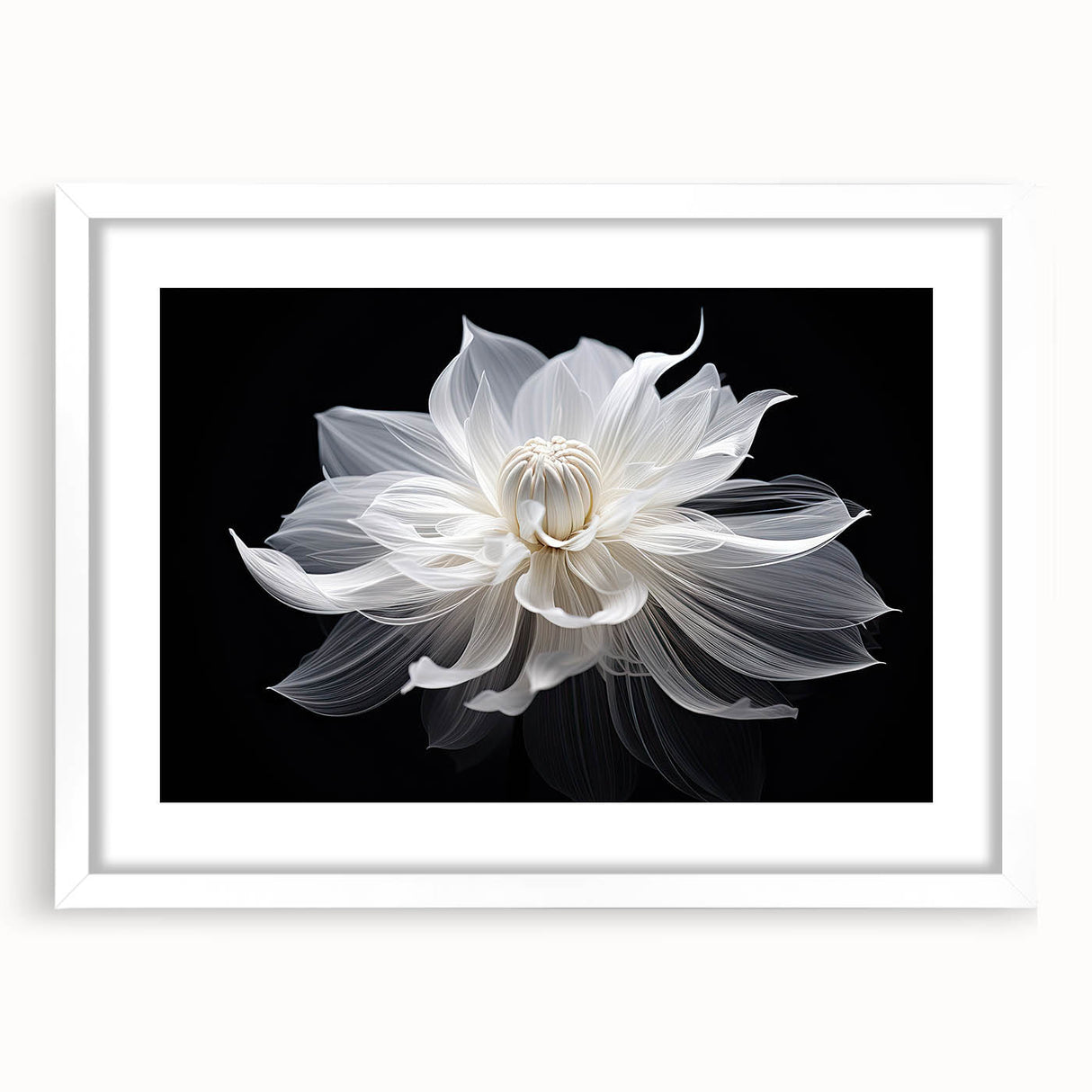 Abstract art print featuring close-up floral designs in soft pastel shades on a white framed canvas.