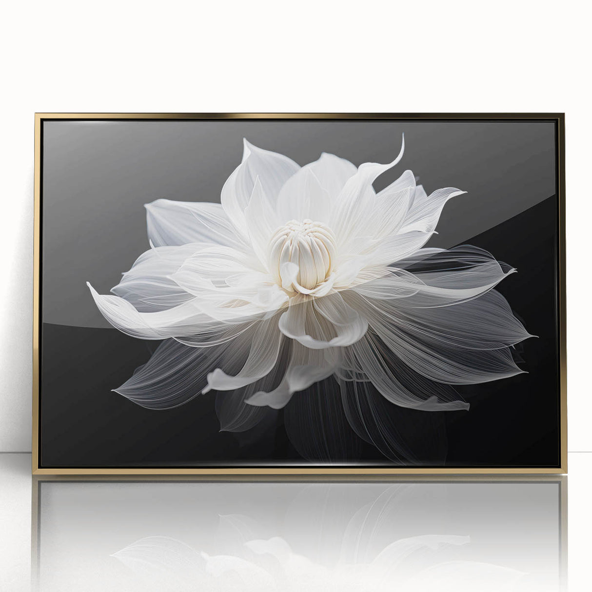 Mid-century modernist floral design in gold frame, large art print suitable for nursery wall decor.