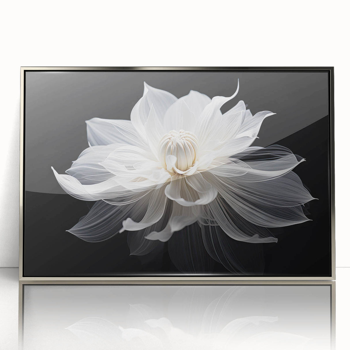 Mid-century modernist floral design in muted pastel shades, framed acrylic print, suitable for nursery wall art.