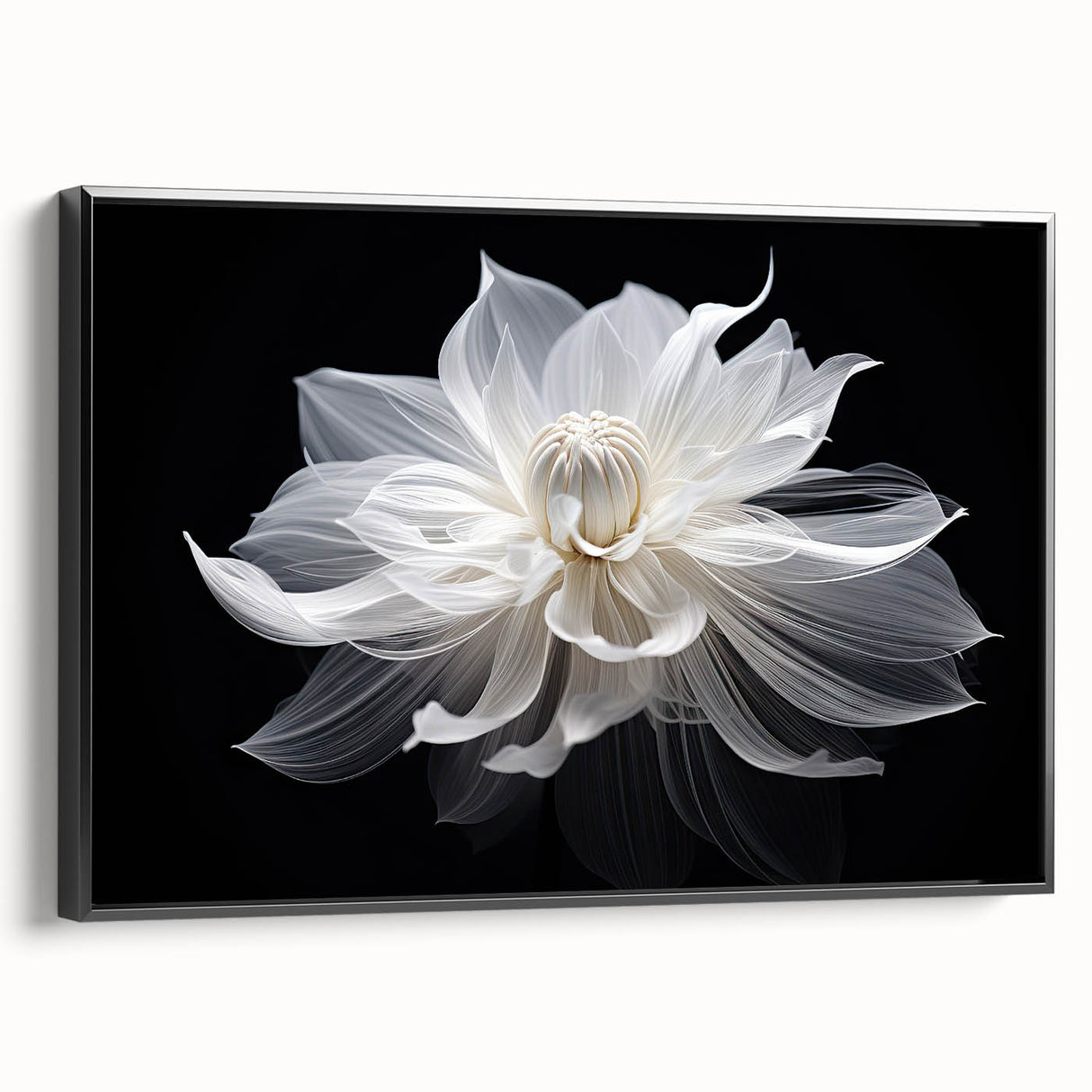 Black and white framed canvas featuring a close-up floral design in a vintage poster style, ideal for bedroom wall decor.
