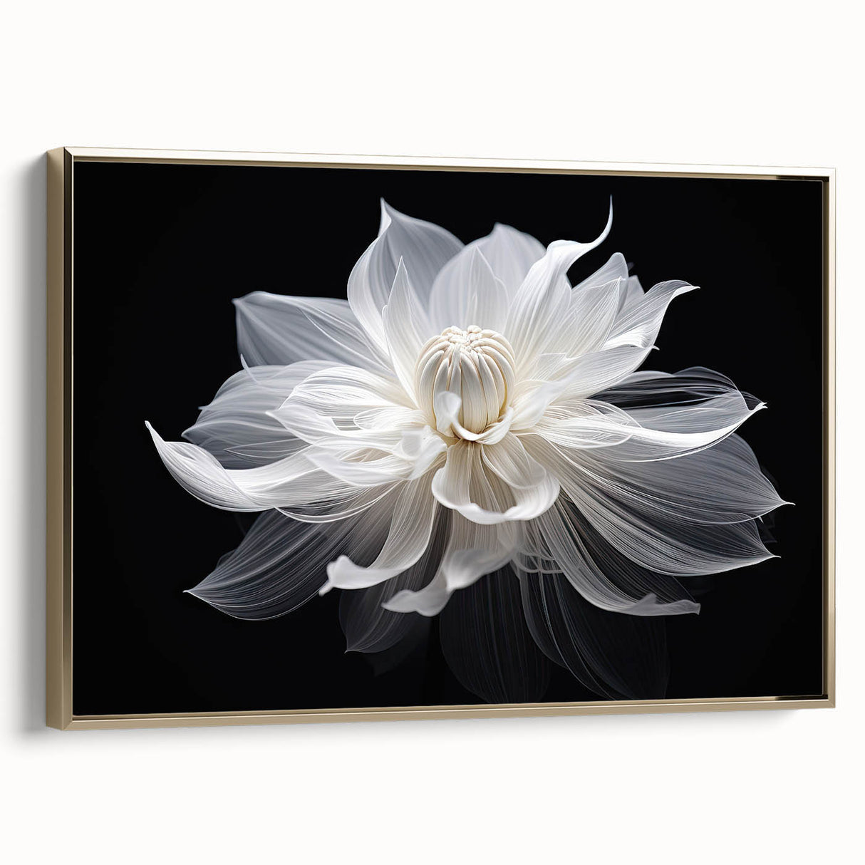 Framed canvas featuring a close-up floral design in gold and black tones, ideal for bedroom wall art.