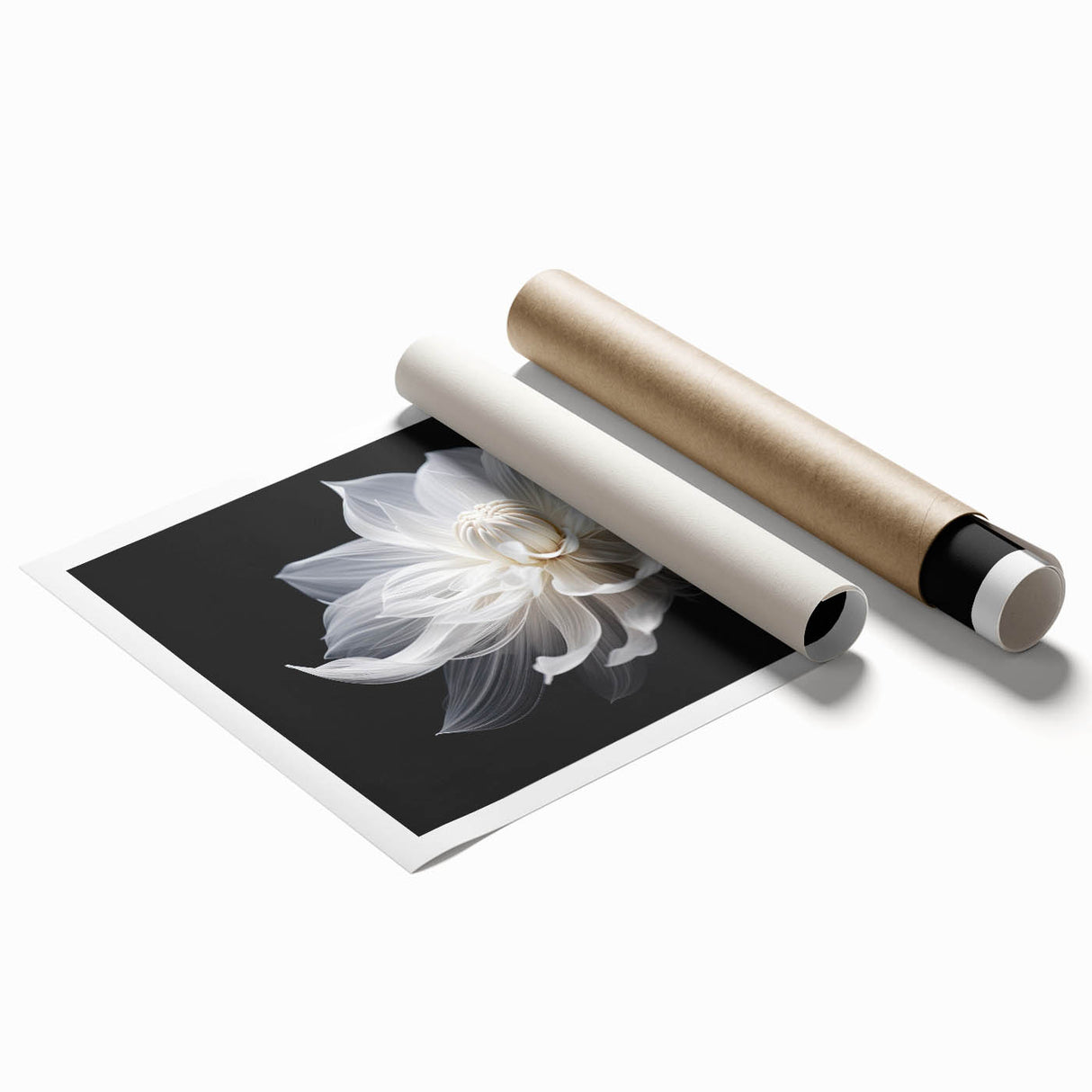 Close-up floral art in soft pink and white tones on a large rolled print, suitable for classy bathroom or living room decor.