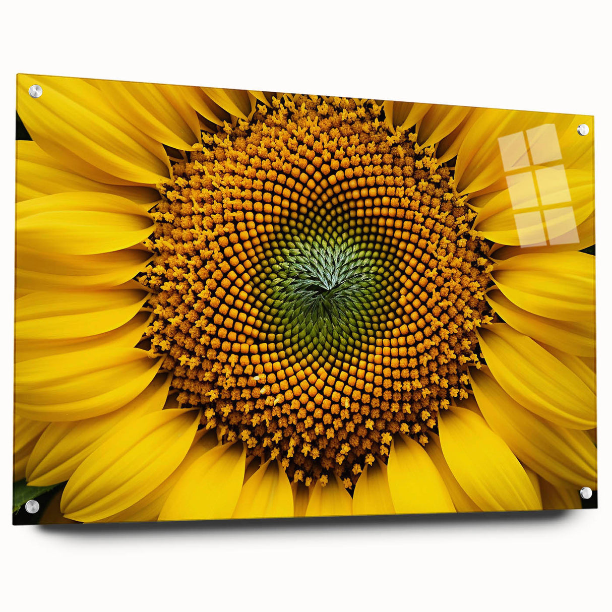 Close-up of large abstract floral design in vibrant colors on acrylic glass, ideal for bedroom or dining room decor.