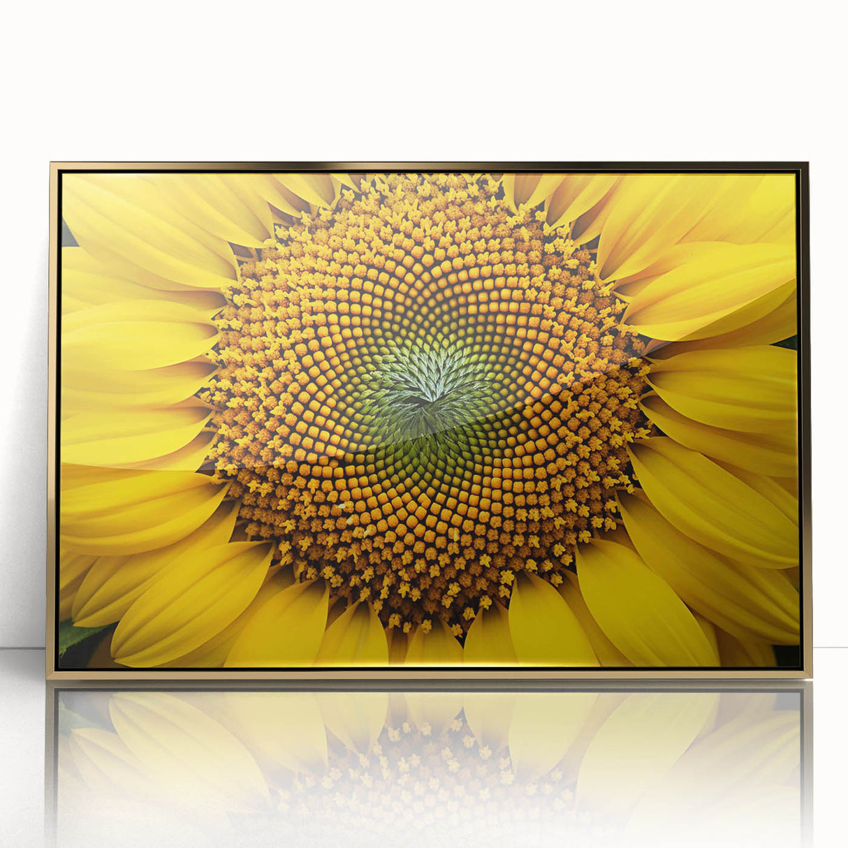 Large art print of a close-up floral design in vibrant colors on a gold-framed acrylic, ideal for modern nursery decor.