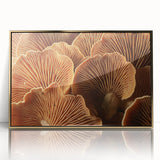 Large art print of a floral design in vibrant colors on acrylic, framed in gold.