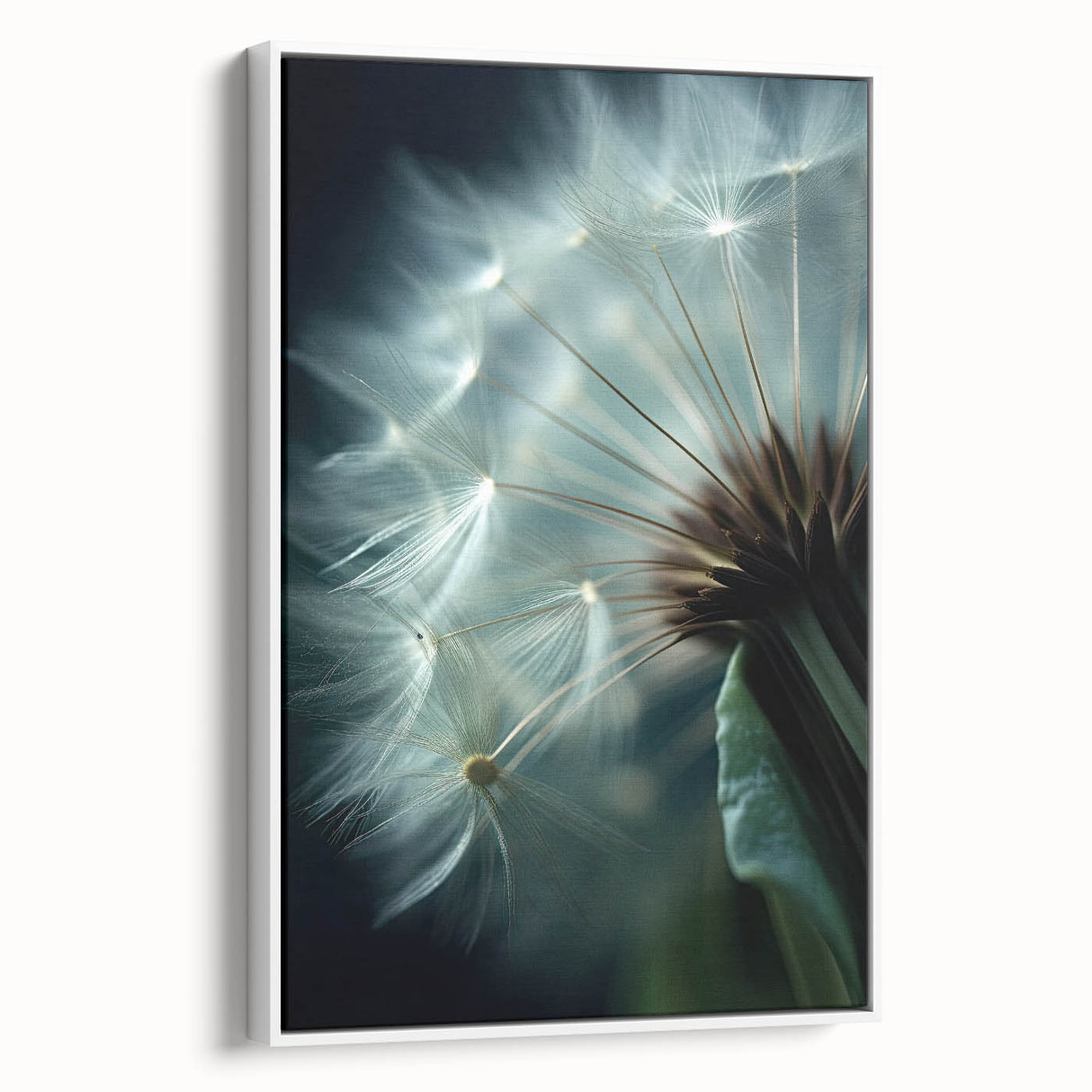 Vintage poster art of colorful florals, framed in white, on a large canvas, suitable for living room decor.