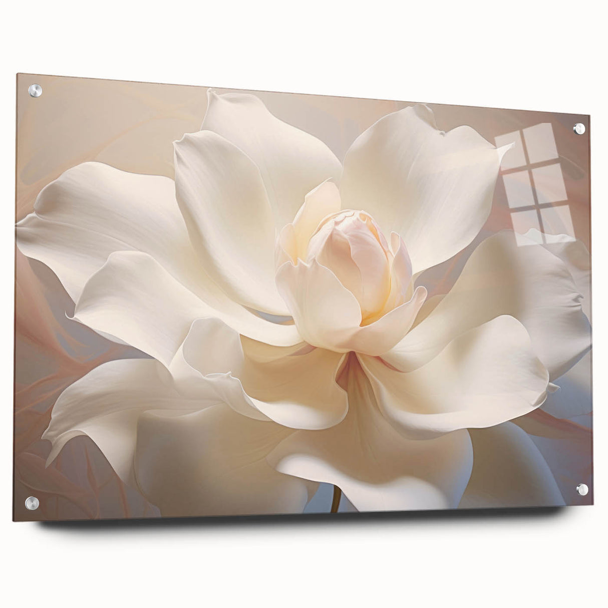 Acrylic print of large abstract floral design in vibrant colors, ideal for bedroom or dining room decor.