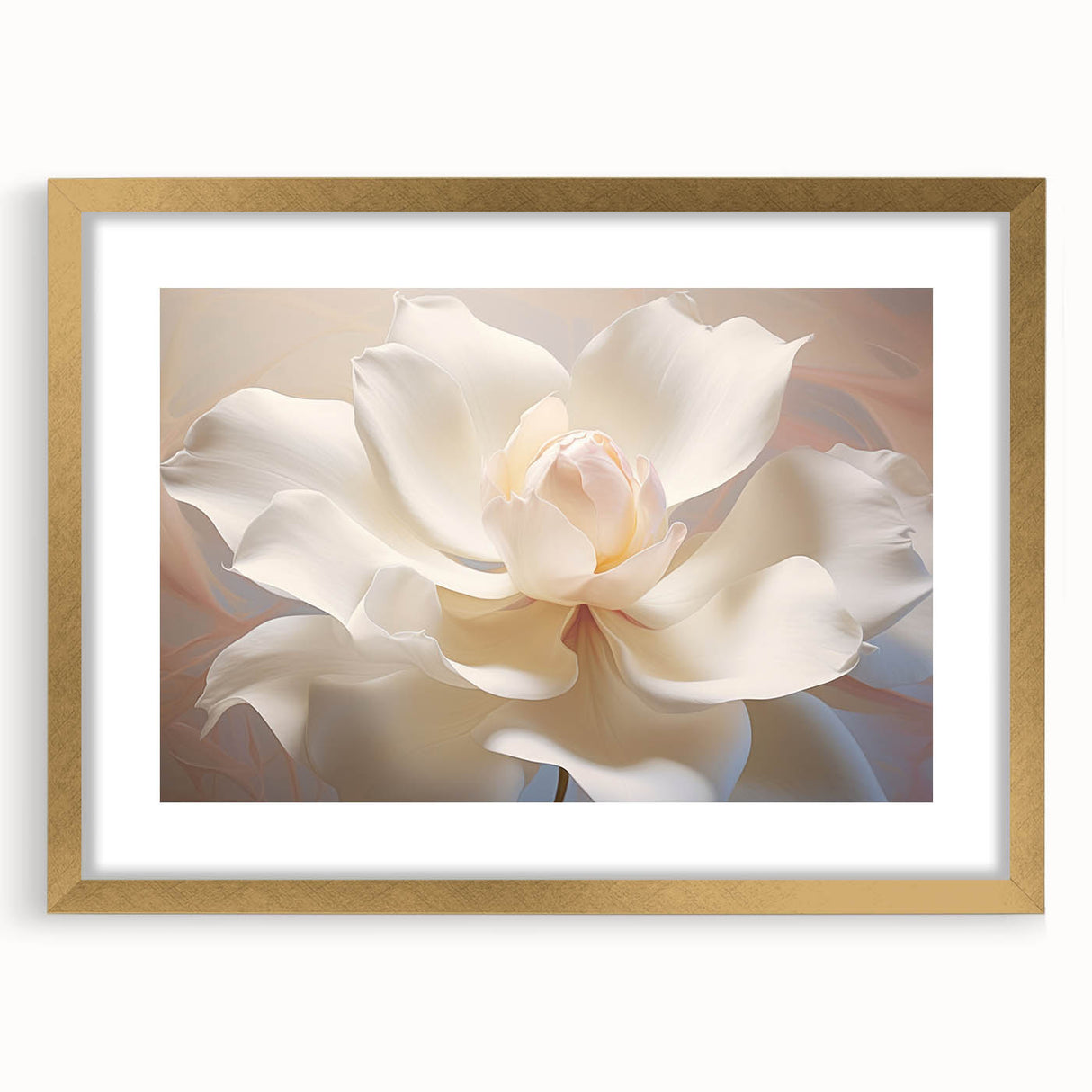 Extra large abstract art print featuring textured floral designs in gold tones, framed with a mat.